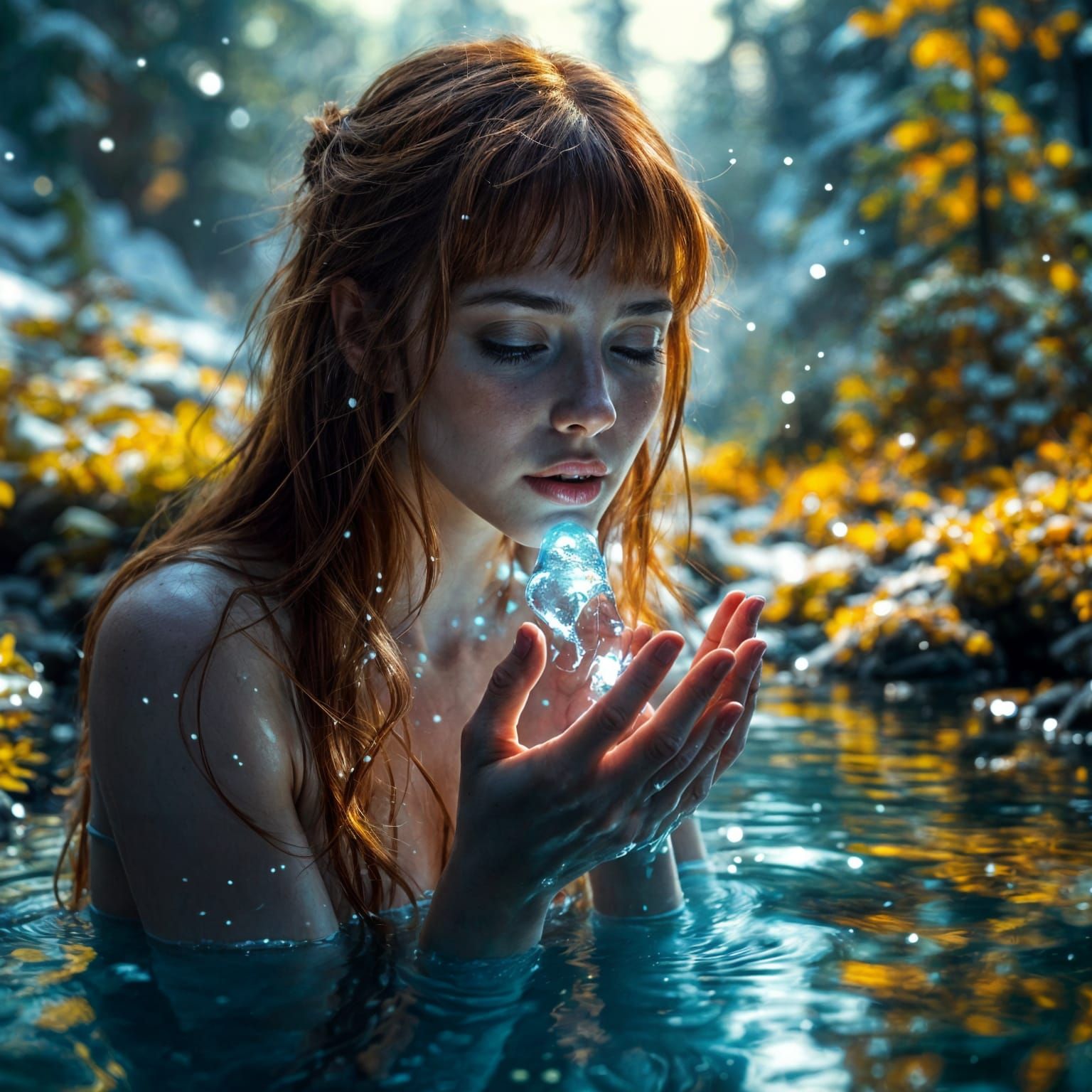 Woman Drinking Spring Water in Snowy Mountains