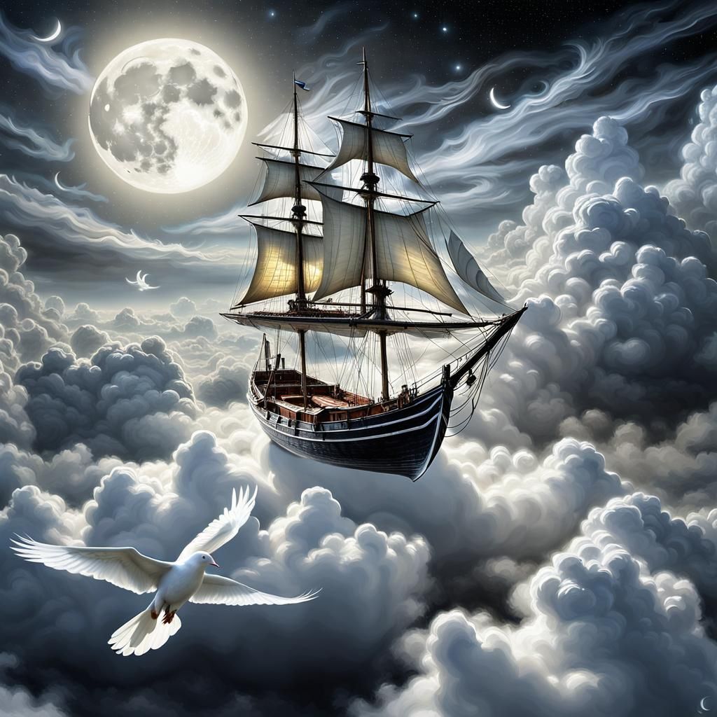 Dove and Dinghy Floating Among Clouds in Moonlight