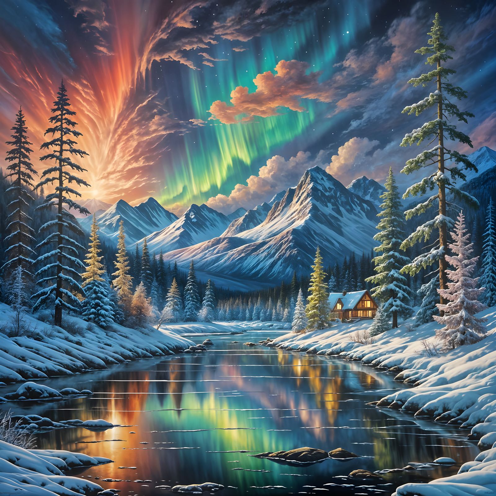 Vivid Winter River Under Multicolored Northern Lights Oil Pa...