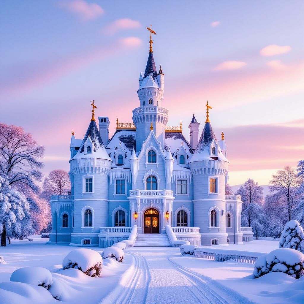 Magnificent Ice Castle on a Planet with Pink Suns