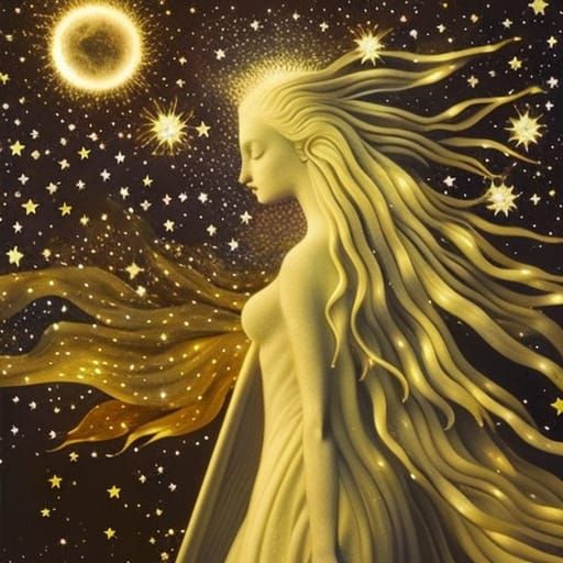Celestial Woman in Surreal Starry Night Fairytale
