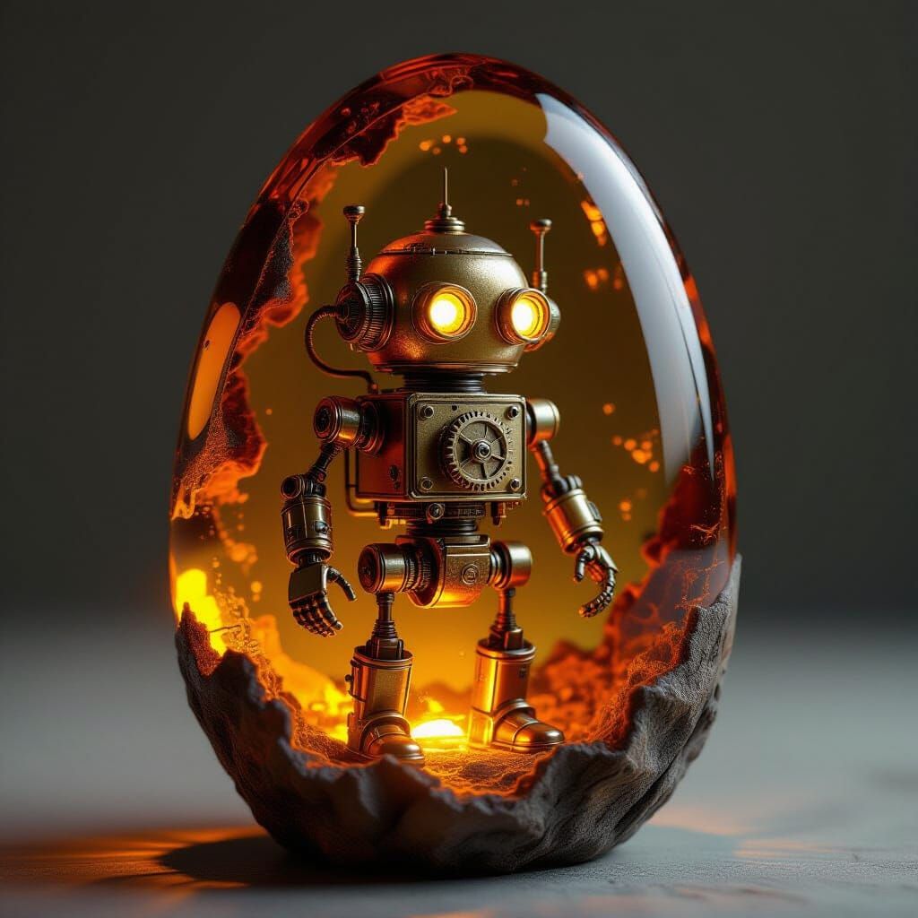 Steampunk Robot Encased in Amber Fossil