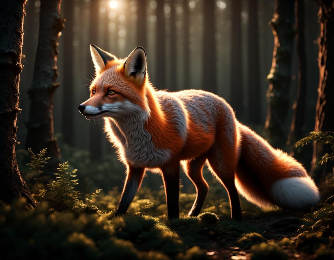 Epic Fox in Dark Forest: 3D Photorealistic Render