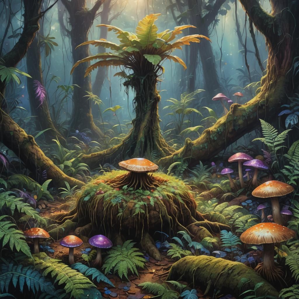 Mystical Coconut in Bioluminescent Jungle Concept Art