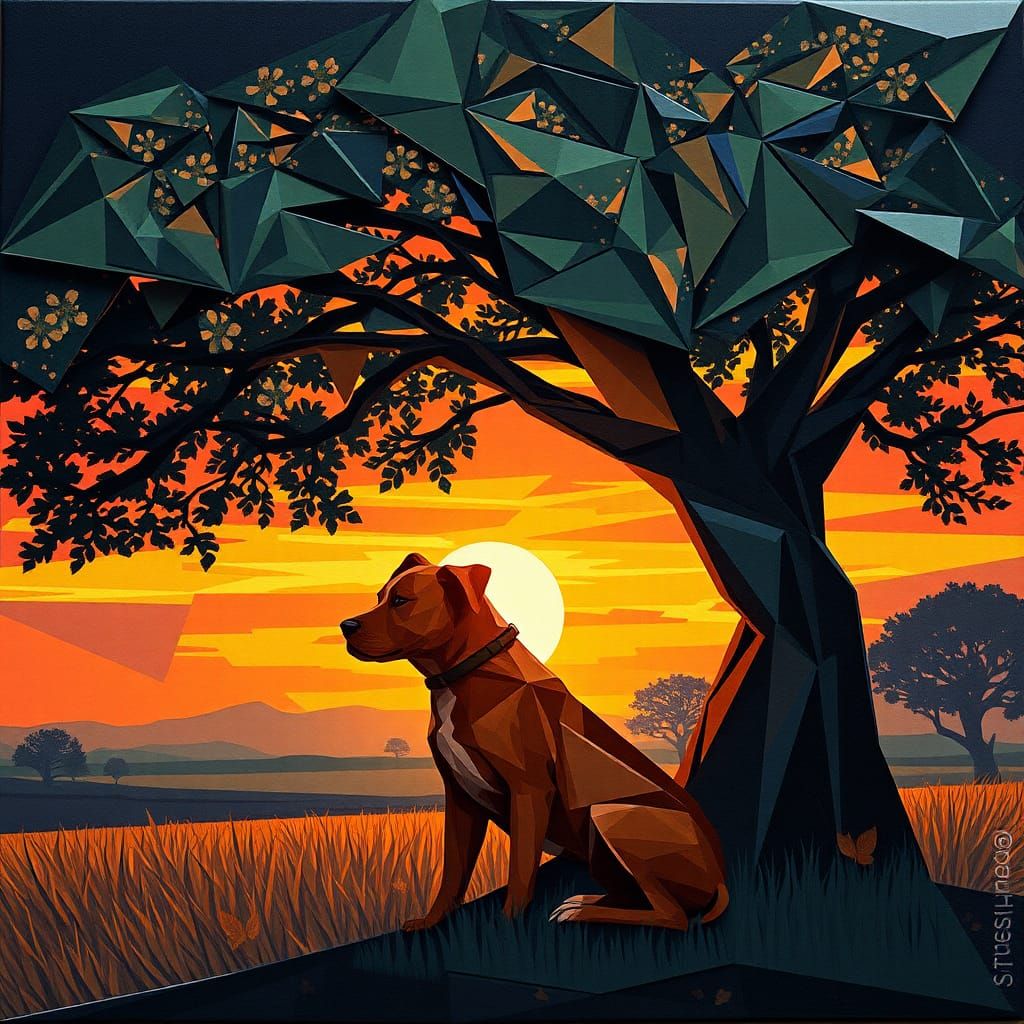 A paper collage artwork of a boerboel sitting under a tree l...