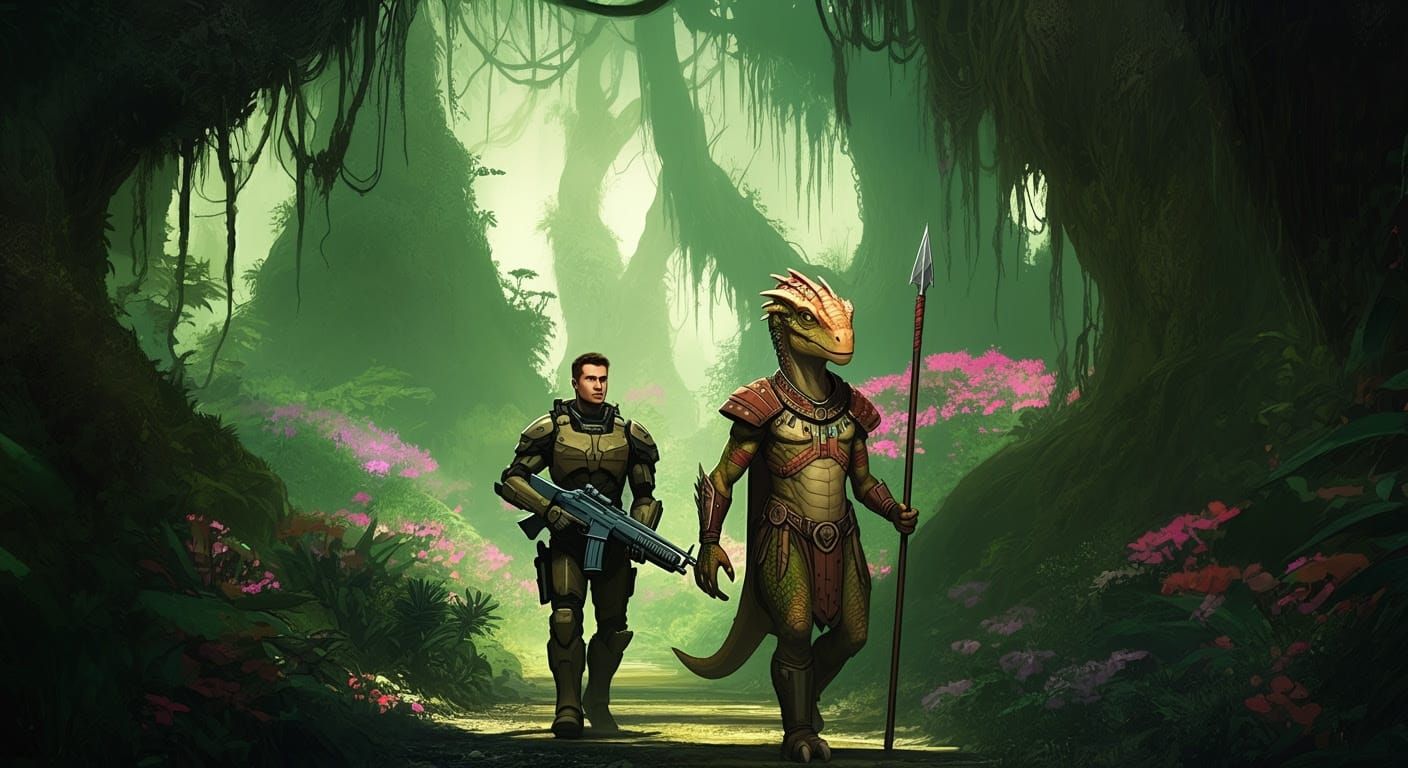 Futuristic Soldier Walks with Polite Alien Dinosaur in Color...