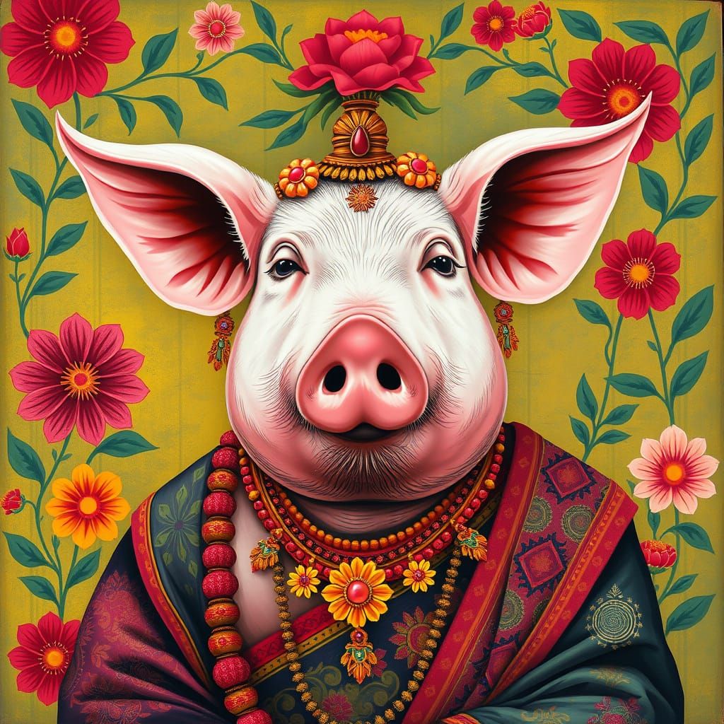 Pig Portrait in Traditional Indian Phad Painting Style