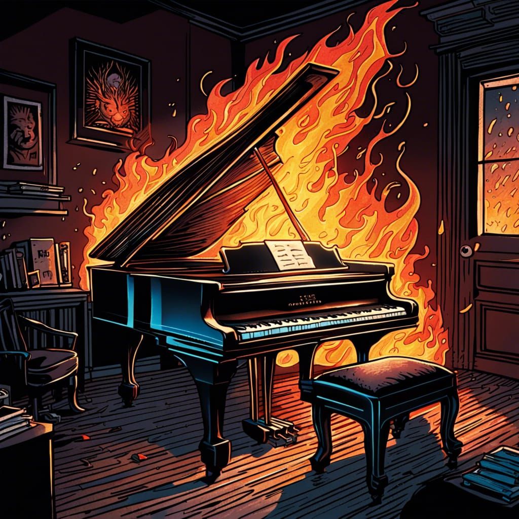 Grand Piano Ablaze: Comic Book Art Style