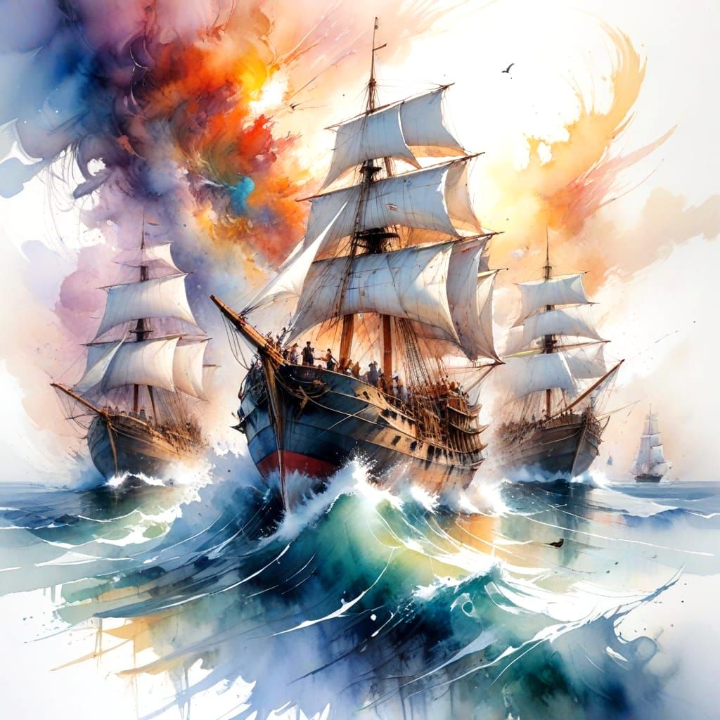 Fleet of Wonder Ships Chasing Rainbow to Sun