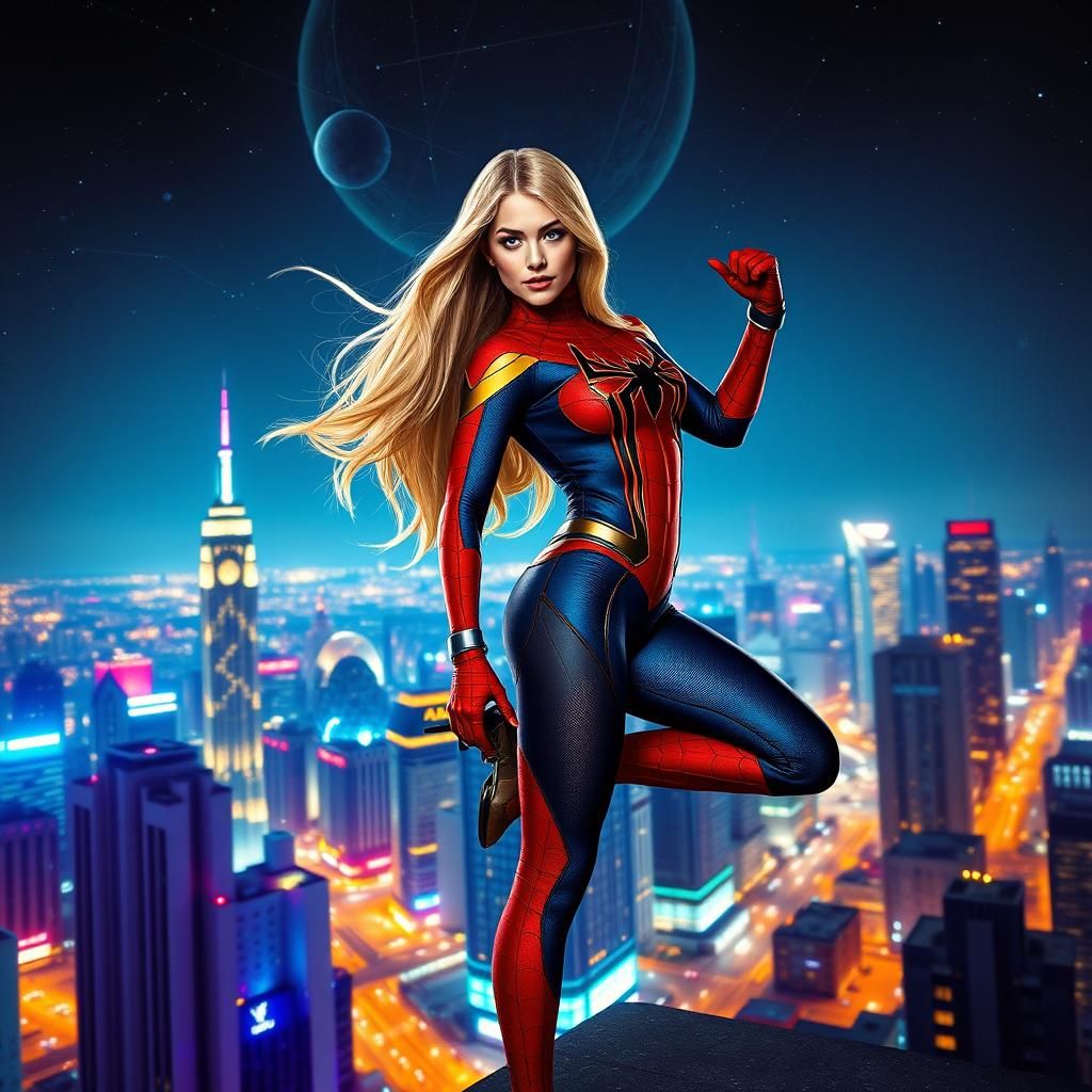 Female Superhero in High-Tech Costume Overlooking Neon City