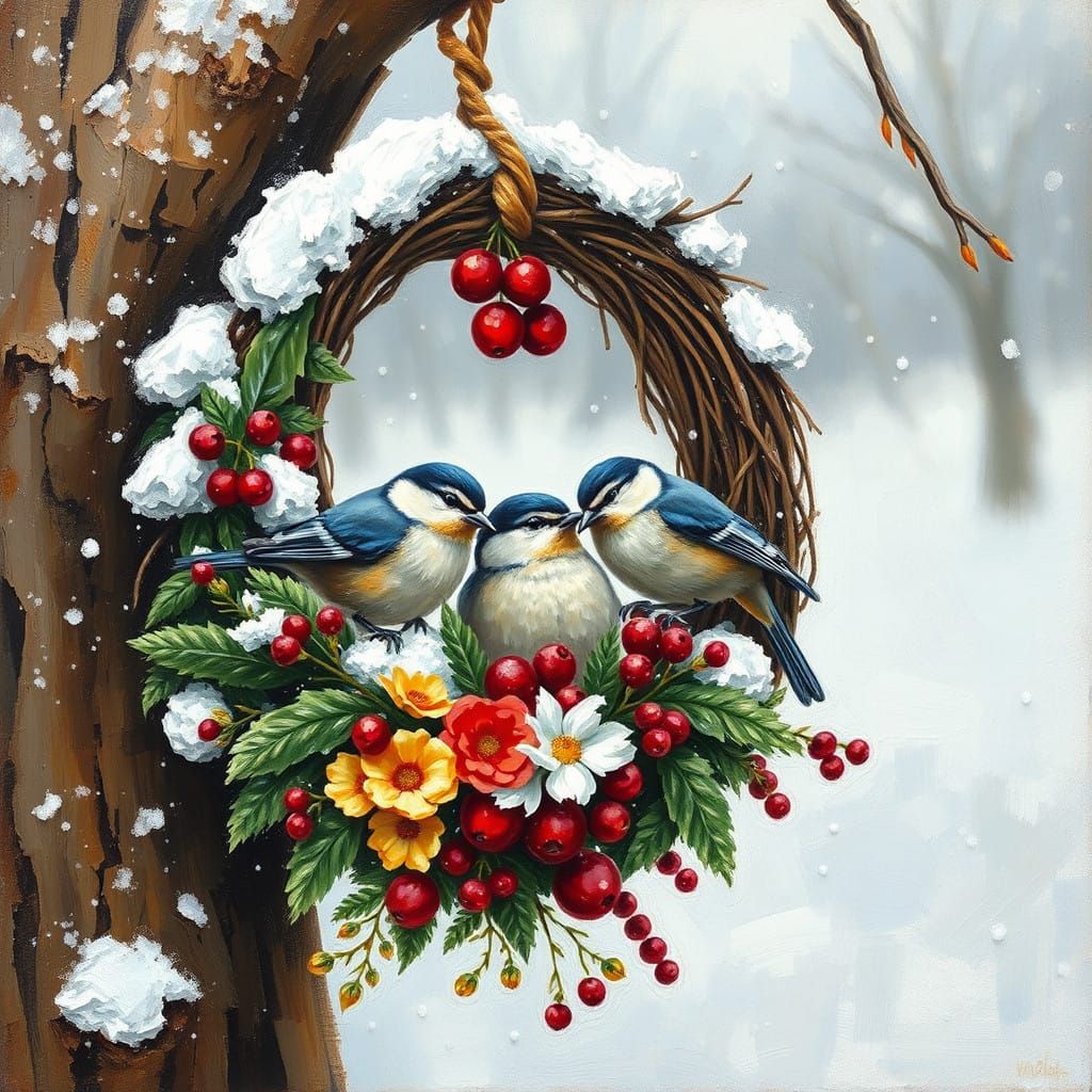 Whimsical Winter Wreath in Impasto Oil Painting