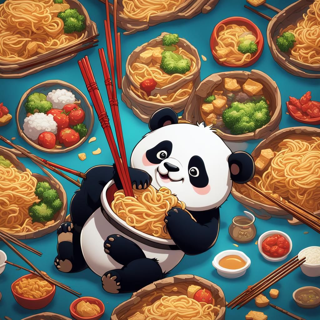 Cartoon Panda Enjoying Noodles: Detailed Matte Painting