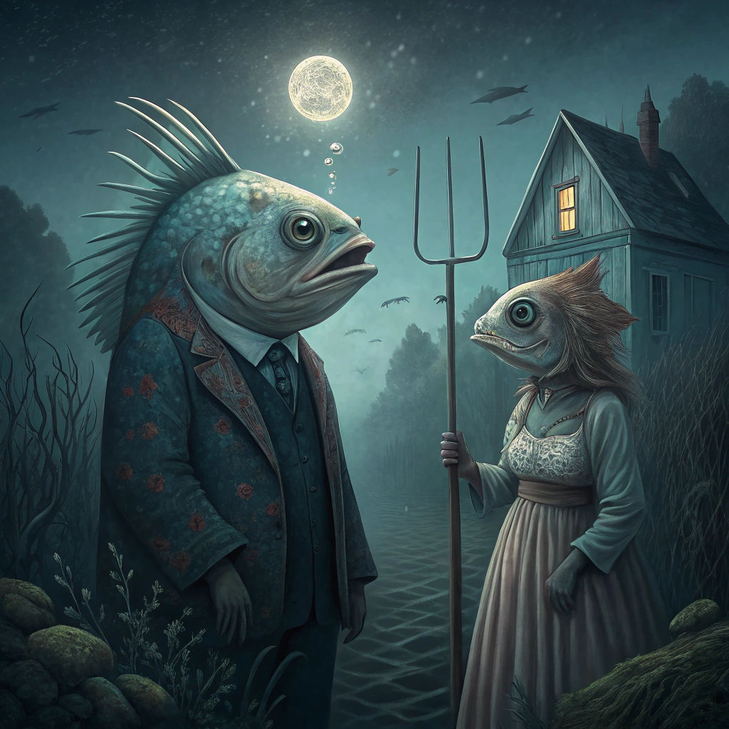 Underwater American Gothic with Fish in Surreal Style