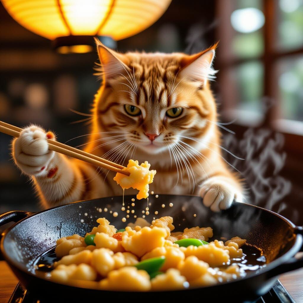 Ginger Cat Cooks Tempura Vegetables in Hot Wok