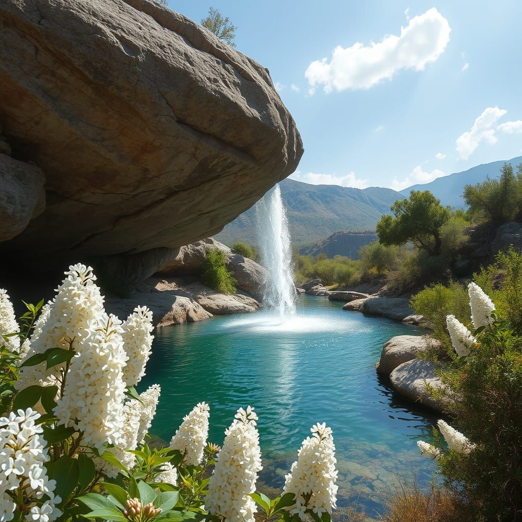 Mystical Desert Oasis with Lilacs and Waterfall