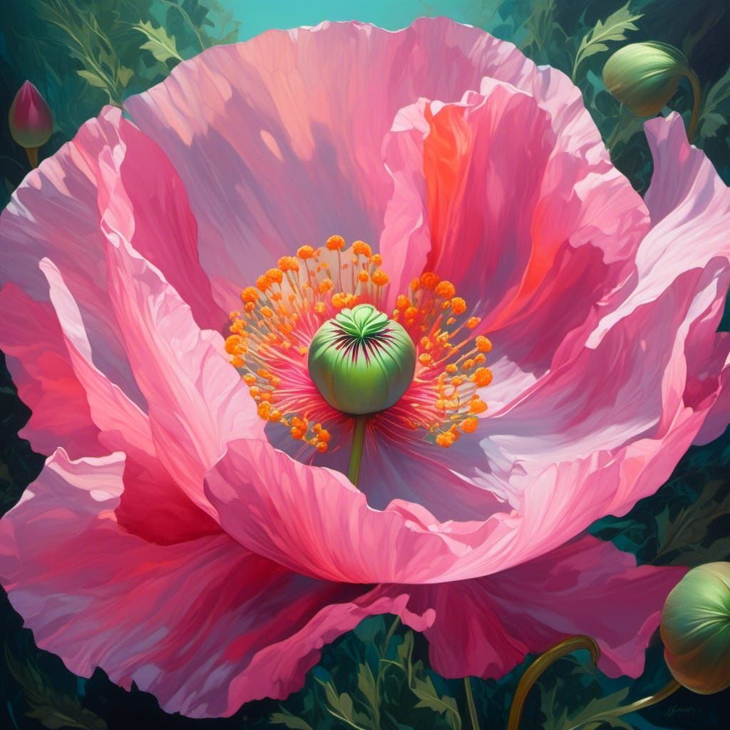Pink Poppy in Realistic Oil Painting Style