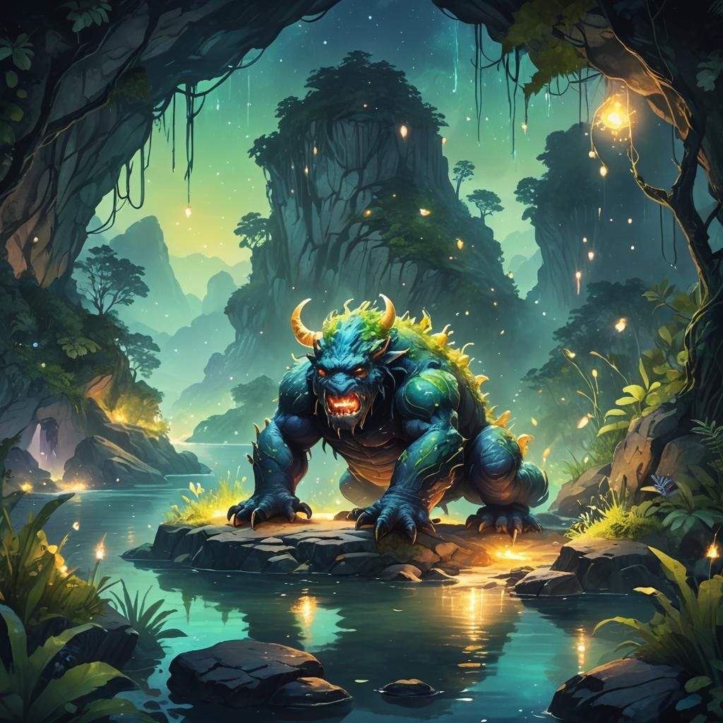 Mystical Monster Overlooking Bioluminescent Cave Island