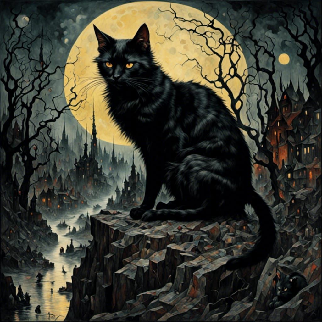 Black Cat Under Moonlight in Sinister Forest