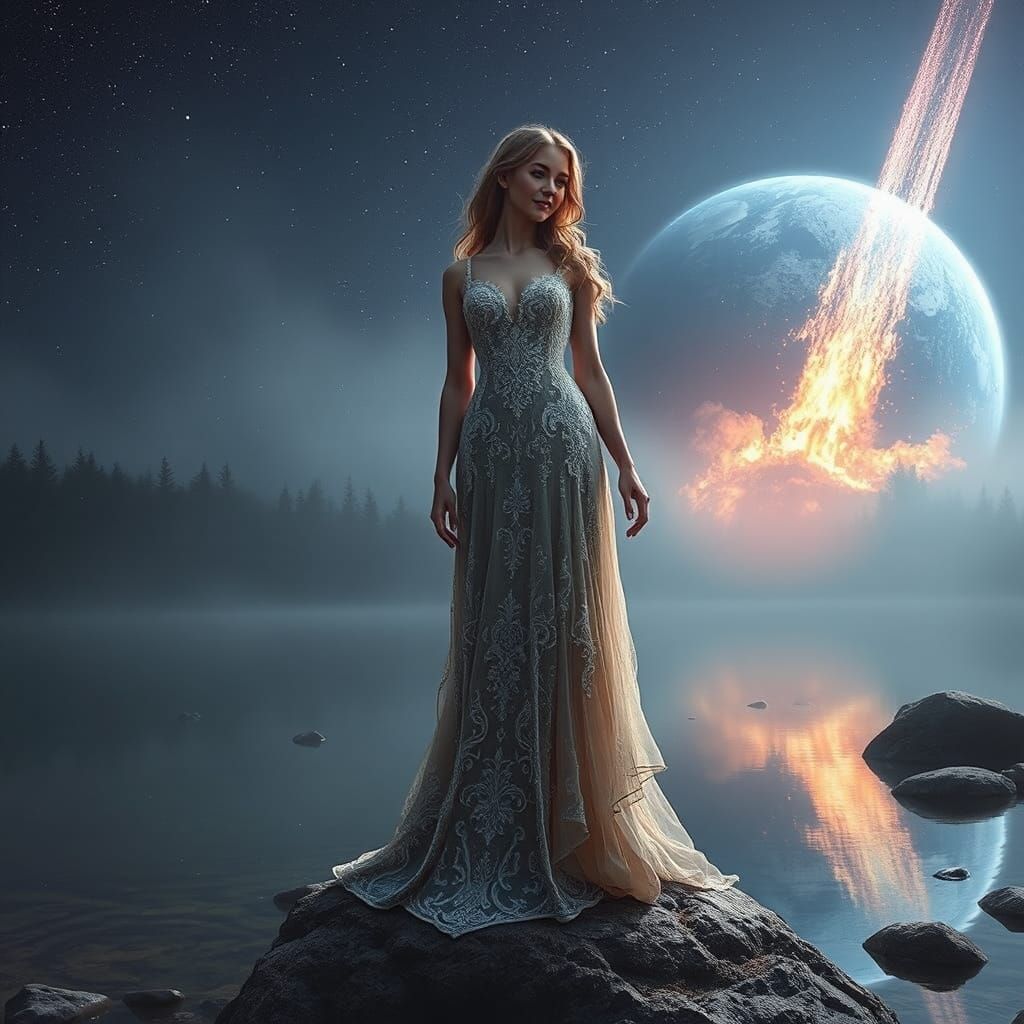 Hyperrealistic Woman Witnessing Meteor Strike