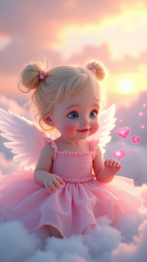 Cherubic Toddler Girl on Clouds, Angelic Fantasy Art