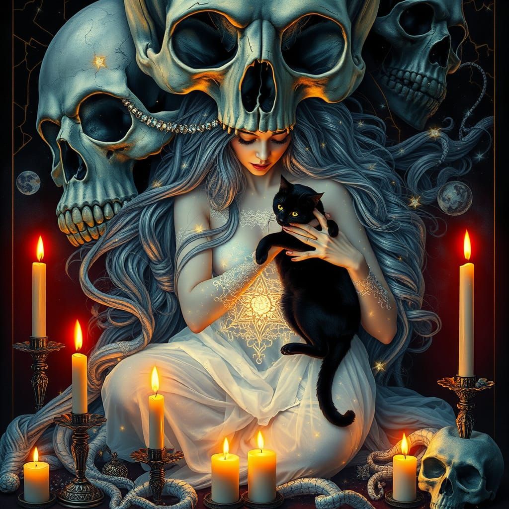 Ethereal Witch With Black Cat, Bioluminescent Form