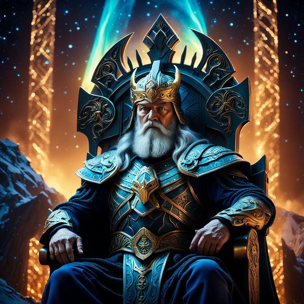 Odin on Throne Before Yggdrasil in Cosmos