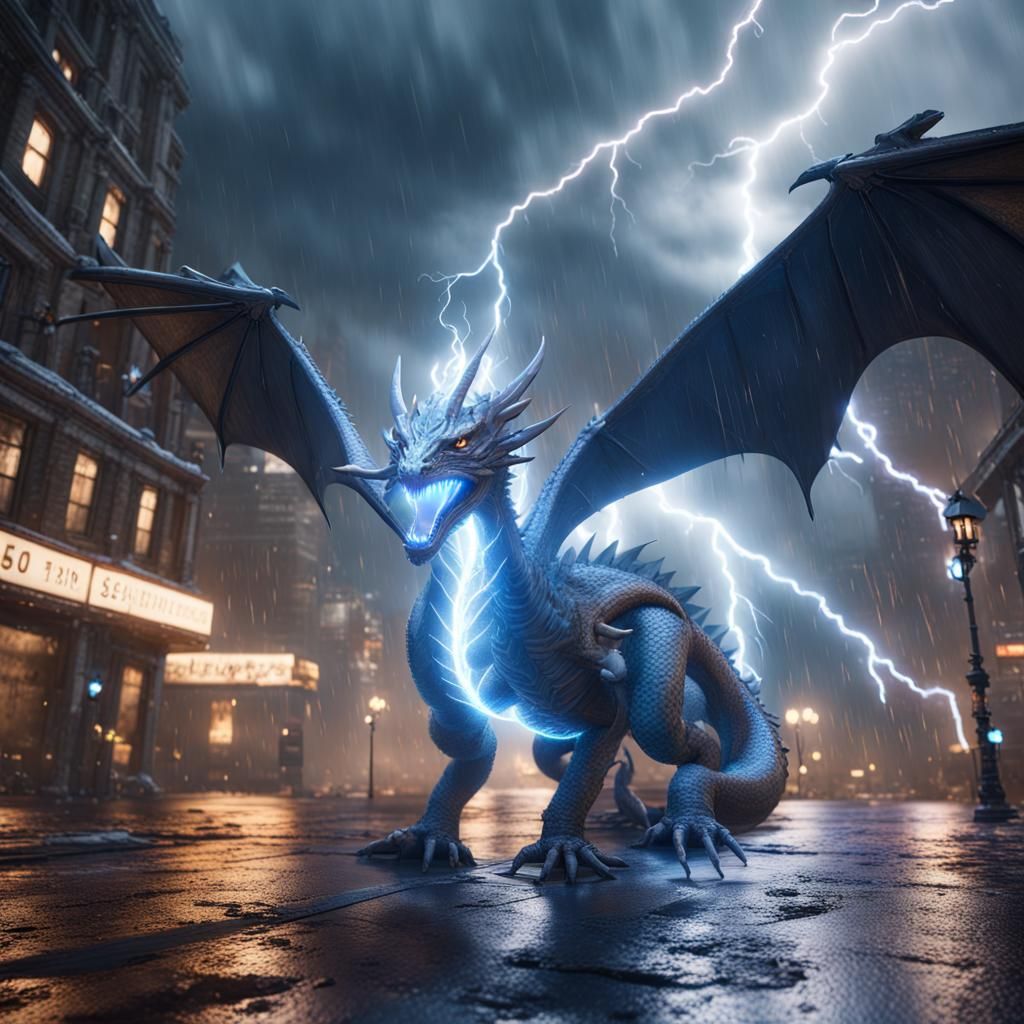 Lightning Dragon in City Thunderstorm: 3D Game Art