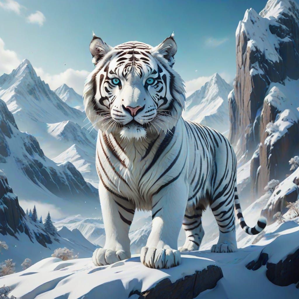 Surreal White Tiger Ascends Snowy Mountain in Fantasy Concep...
