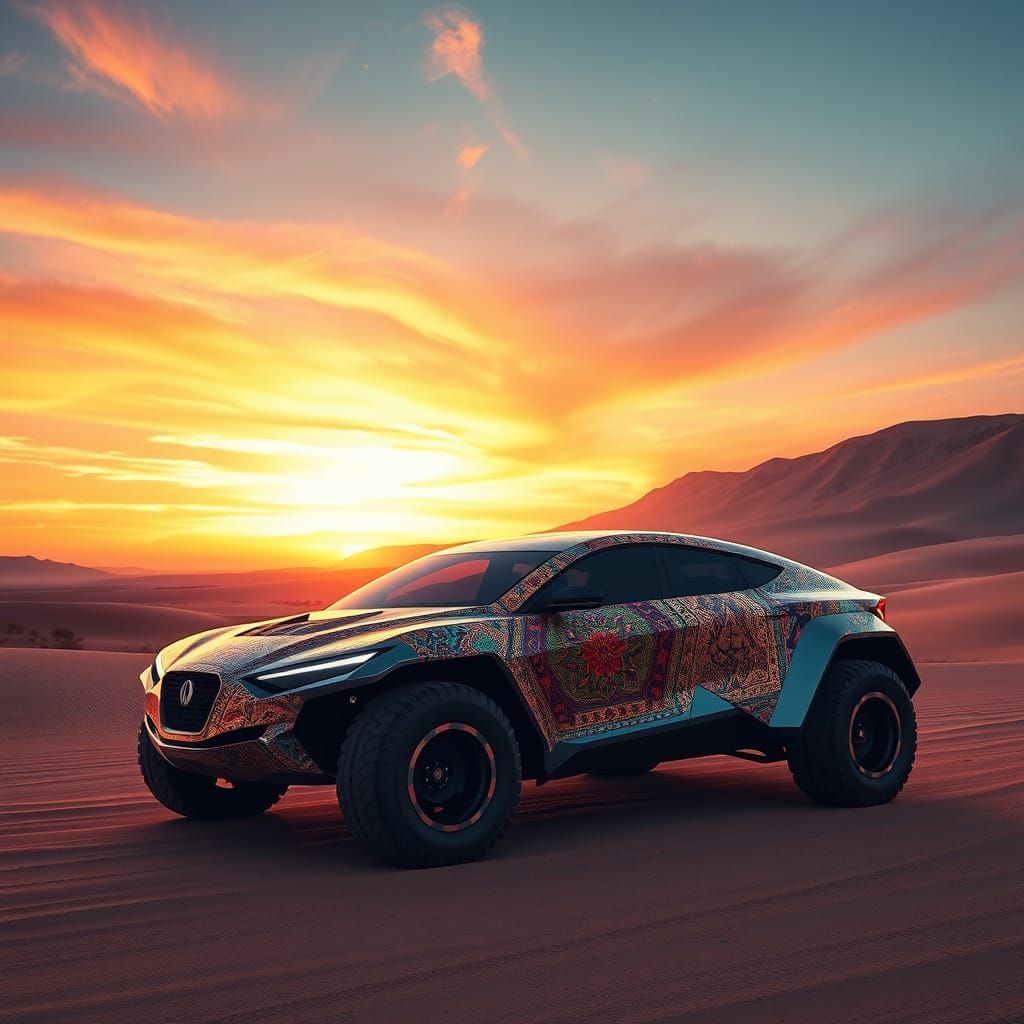 Sleek Offroad Car in Persian Carpet Pattern, Dreamlike Deser...
