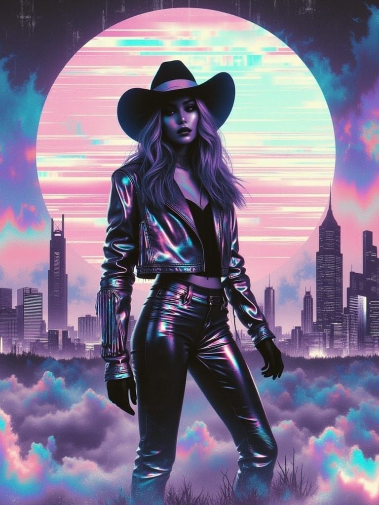 Solarpunk Cosmic Cowgirl in Retro Futuristic Cityscape