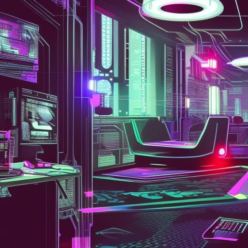 Cyberpunk Office Scene with Neon Lighting