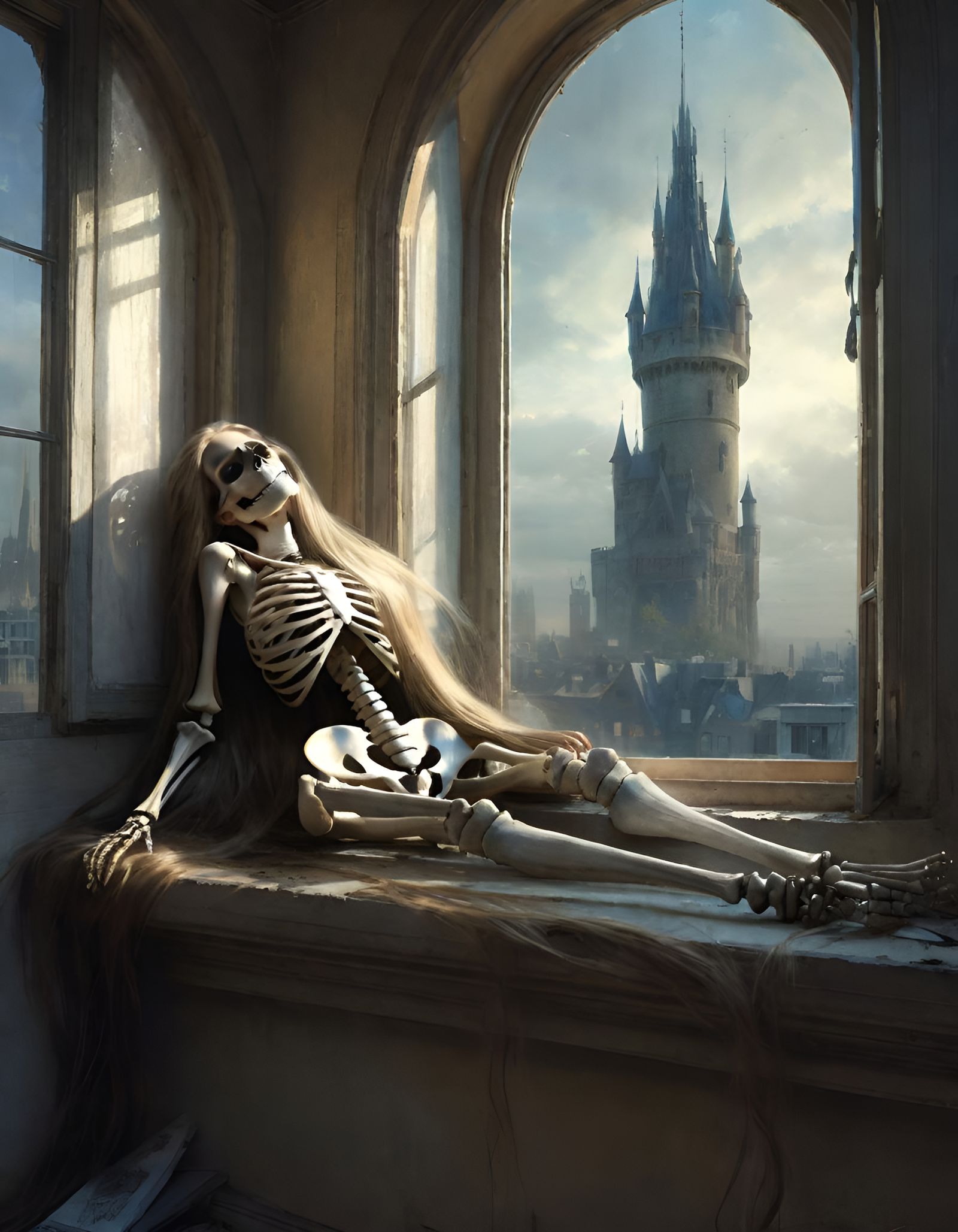 Skeleton Rapunzel in Tower Window