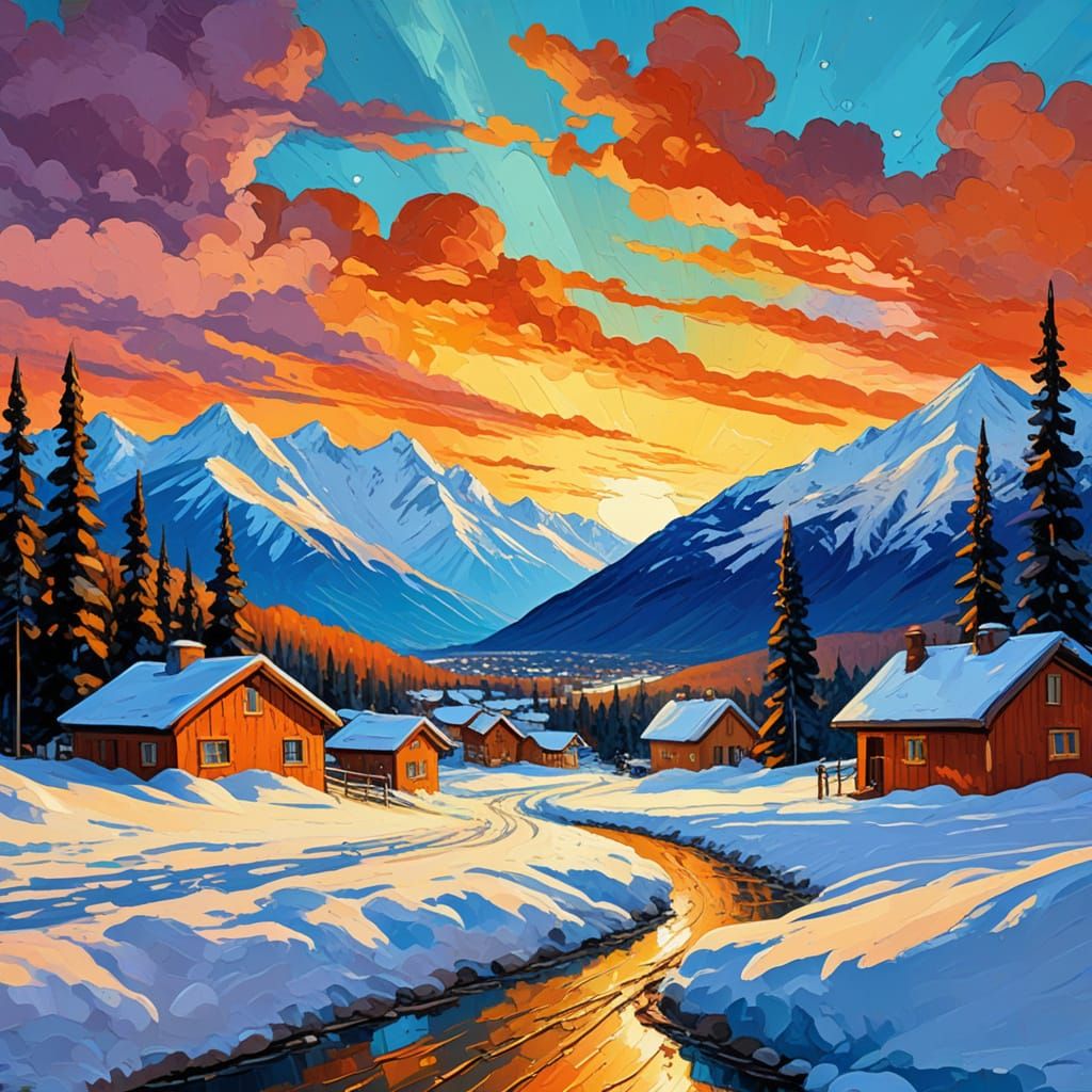 Ski Resort Under Orange Sky in Impasto Style