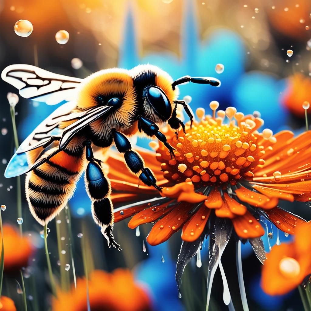 Bee Holding Flower in Field: Graffiti Street Art