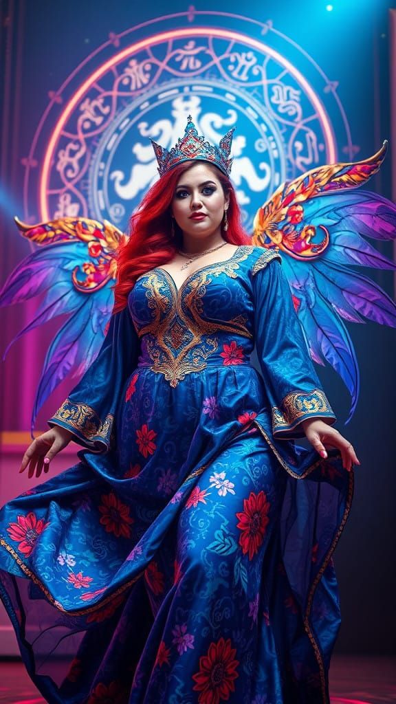 Cosmic Goddess in Vibrant, Elaborate Costume, Surrounding Zo...