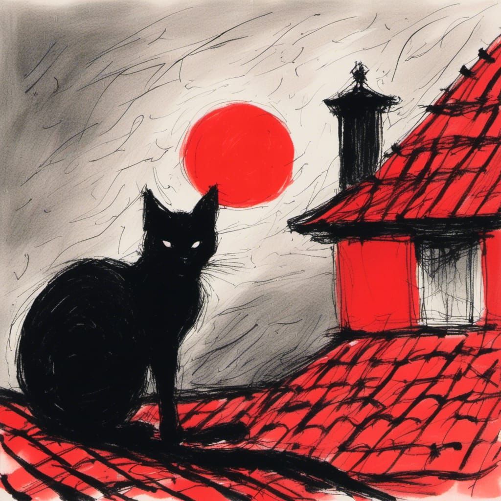 Black Cat on Red Roof: Minimalist Charcoal Art