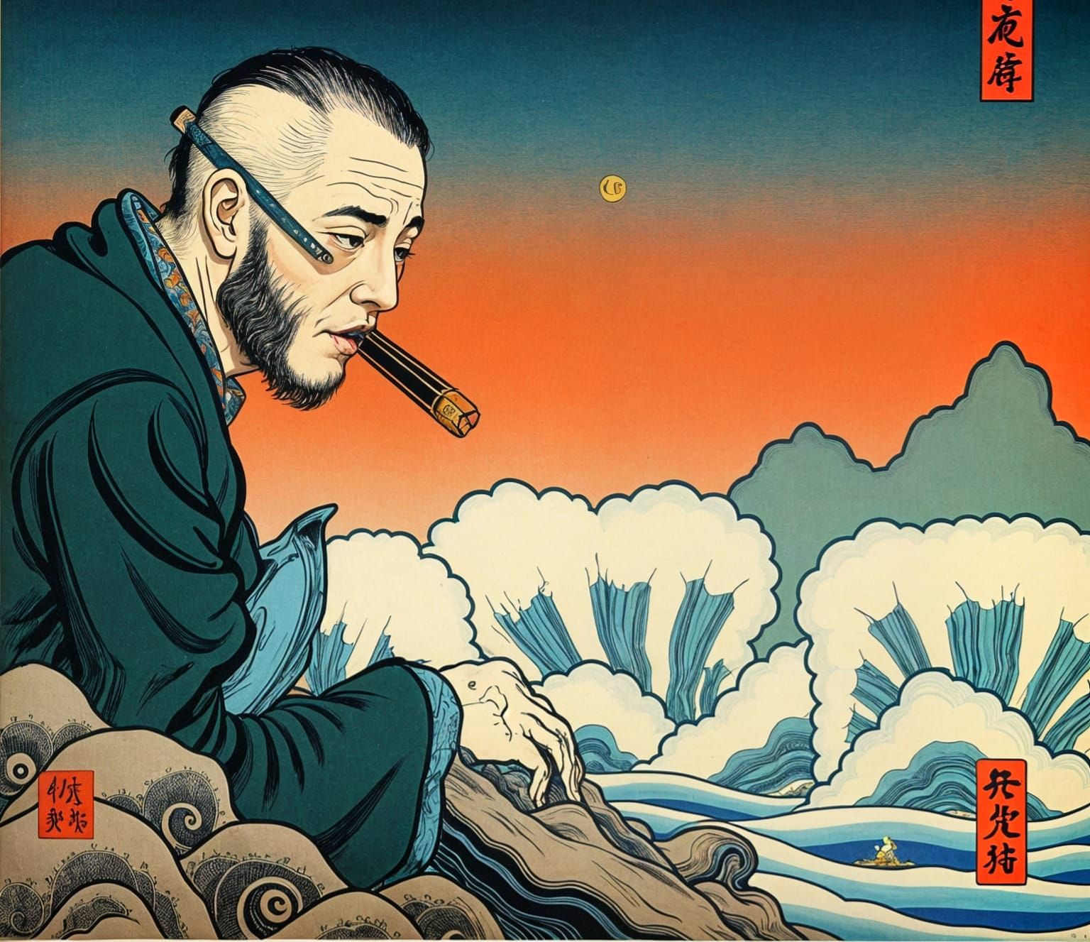 Ukiyo-e style interpretation of "Roger Dean" vinyl album cov...