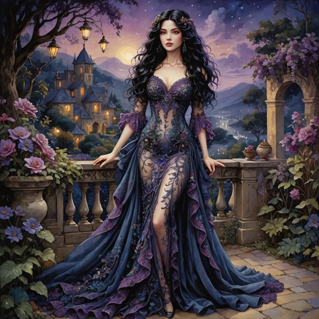 Whimsical Female in Crocheted Gown: Detailed Illustration