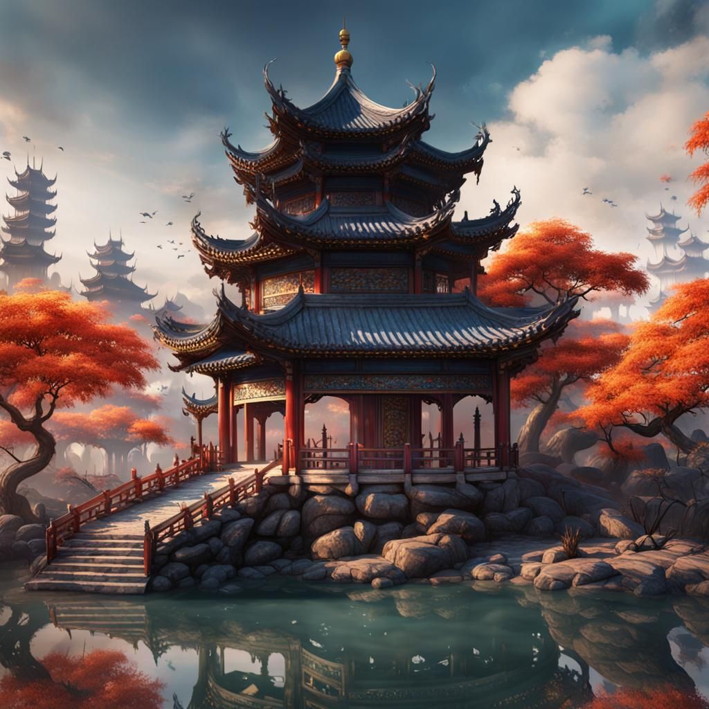 Inkblot Chinese Pavilion: Detailed Matte Painting