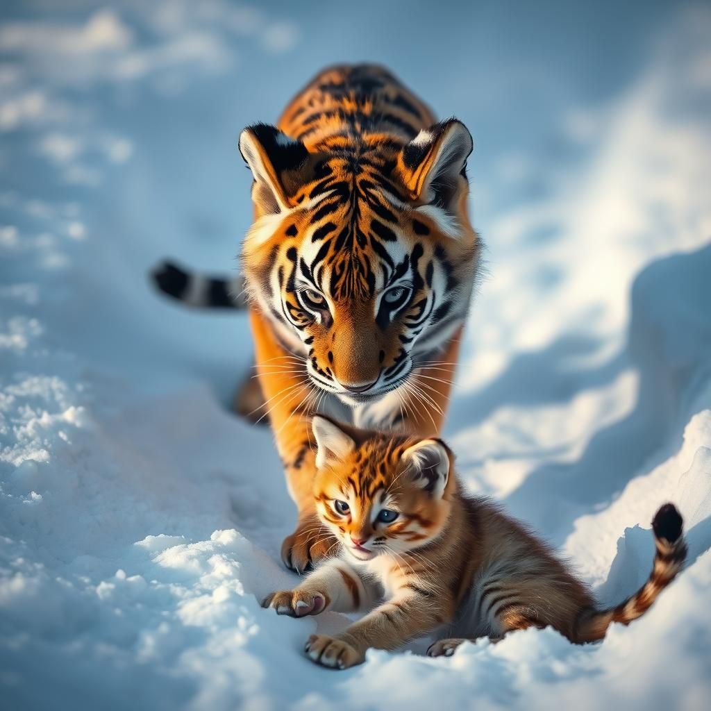 Tiger Cub and Kitten Play in Snow
