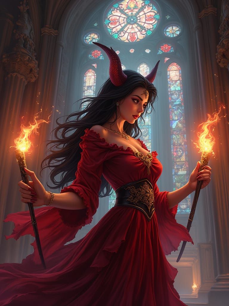 Anime Demon Woman in Cathedral with Stained Glass