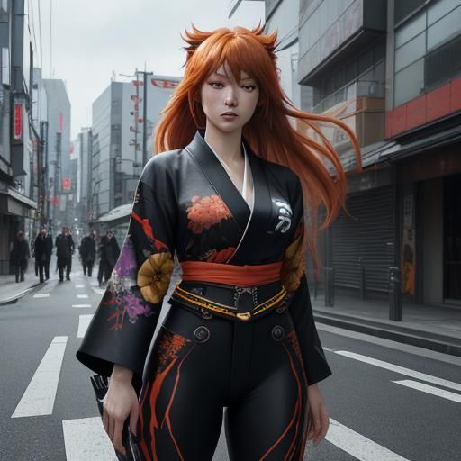 Asuka Langley in Kimono Suit on Tokyo Street