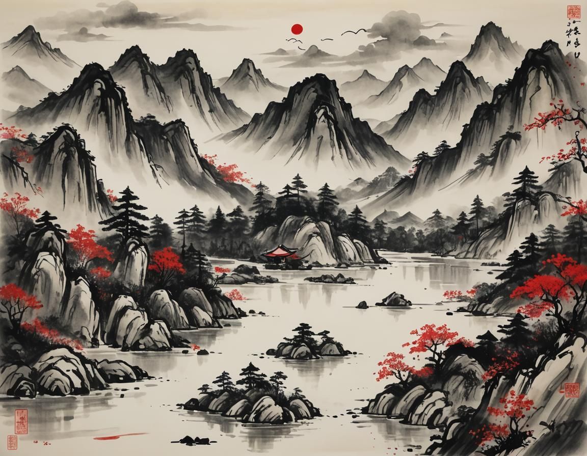 Mountains and River in Red and Black Ink