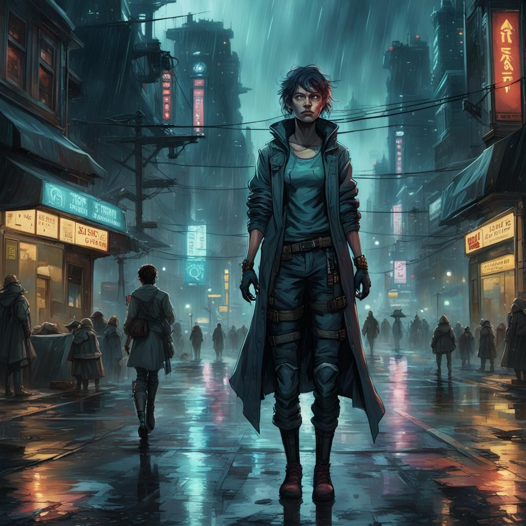 Cyberpunk Protagonist in Rainy City, Dark Sci-Fi Art