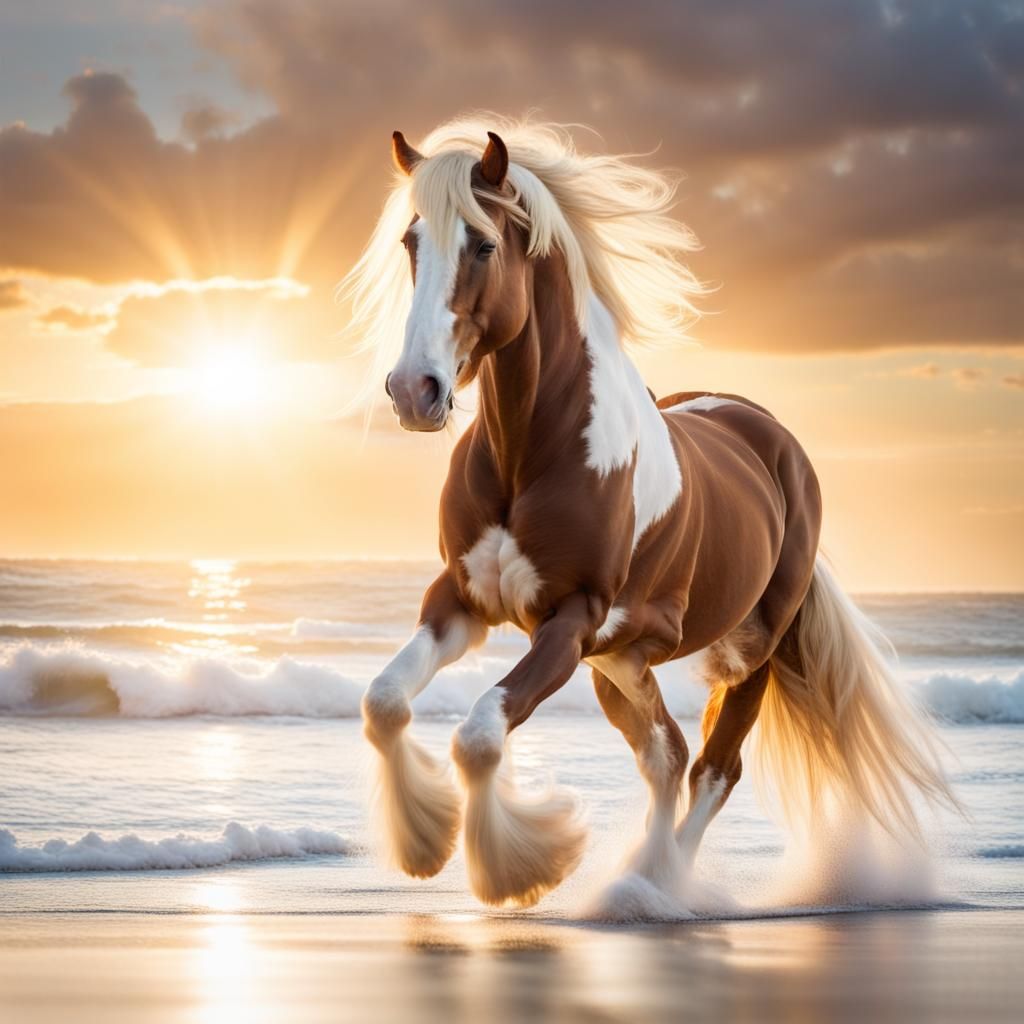 Clydesdale Horse Rearing at Ocean Sunrise