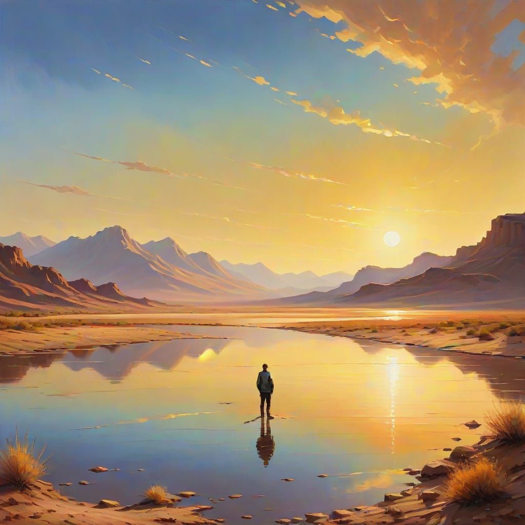 Desert Lake Oil Painting with Golden Lighting
