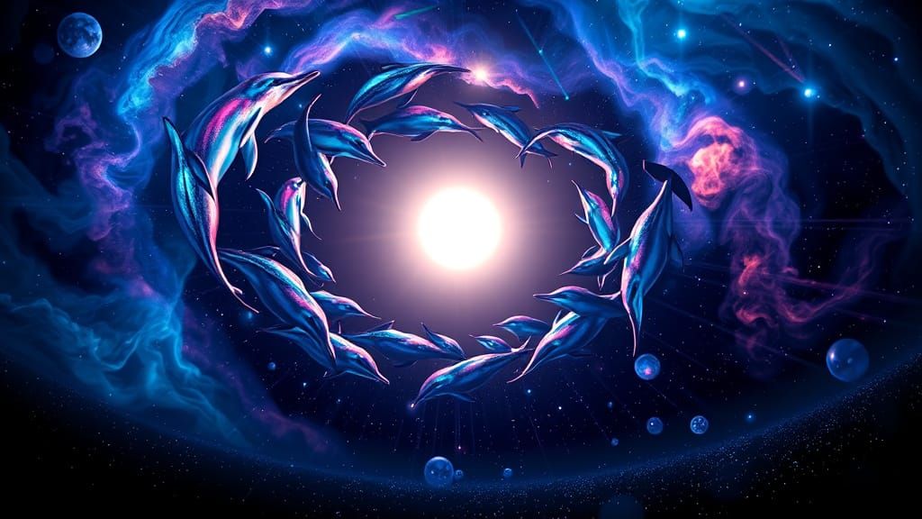 Celestial Dance of Iridescent Dolphins in a Blazing Cosmos