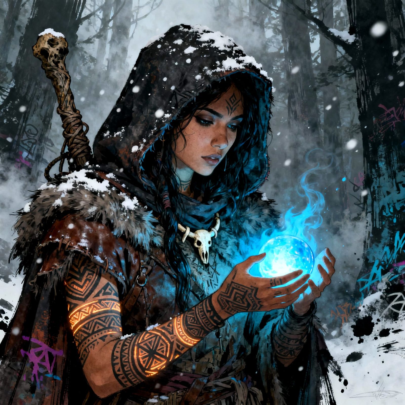Latina Shaman Holds Blue Fire Orb in Enchanted Forest