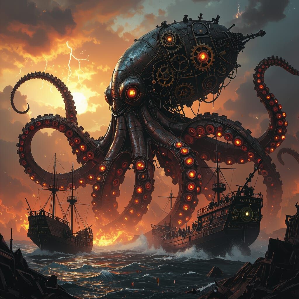 Steampunk Kraken Emerges in Gothic Industrial Style