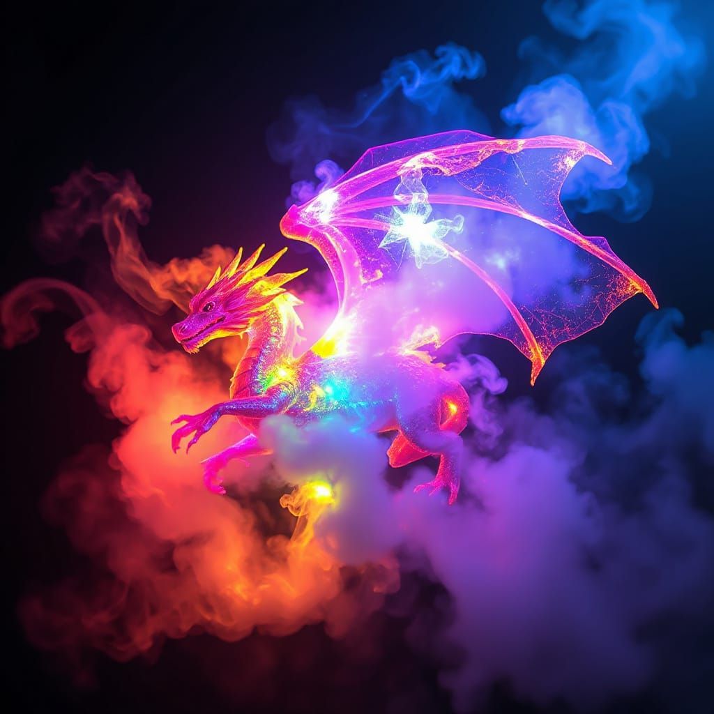 Rainbow Mist Dragon Silhouette with Ethereal Glow
